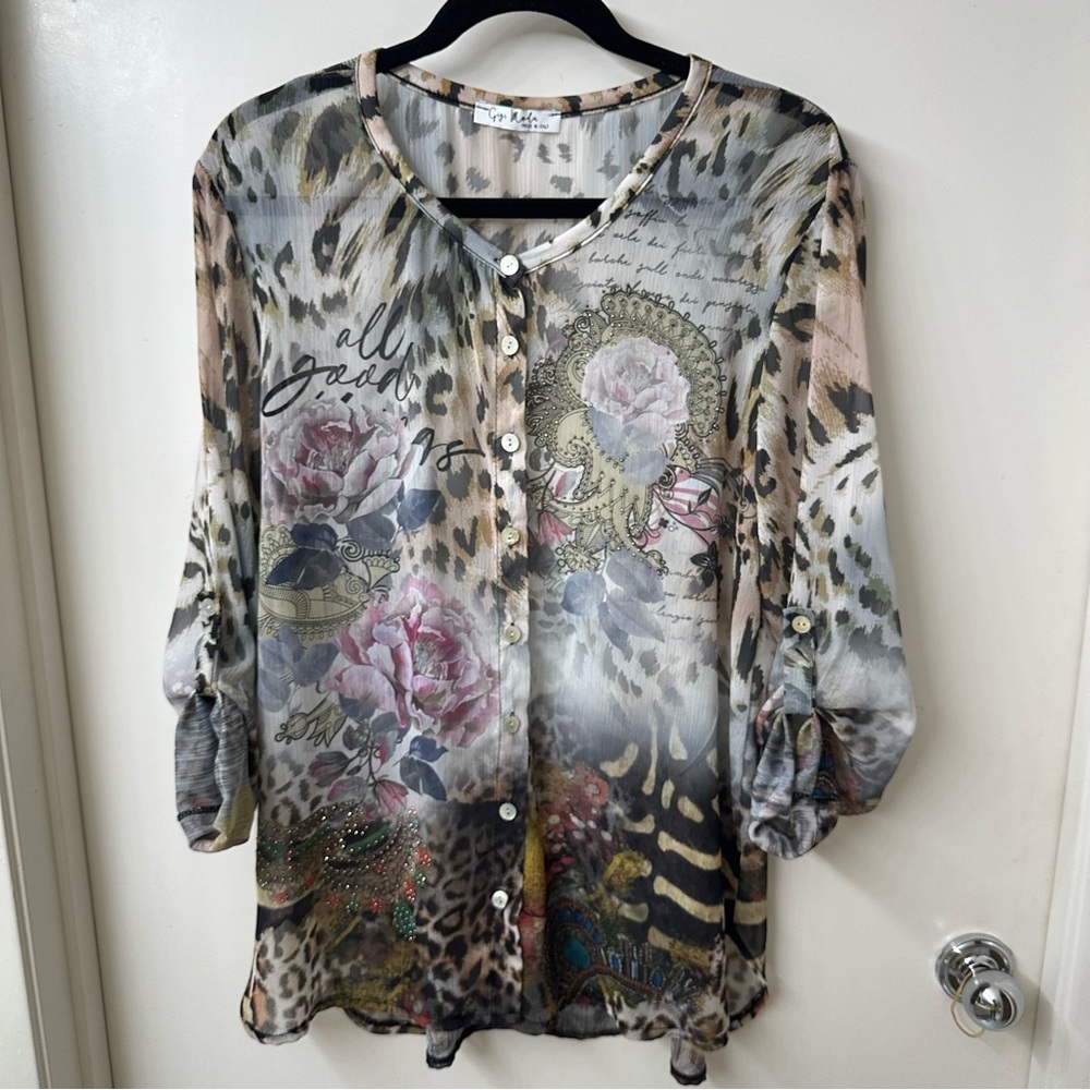 Gray and Black Oversized 3/4 Sleeve Blouse - Picture 1 of 6